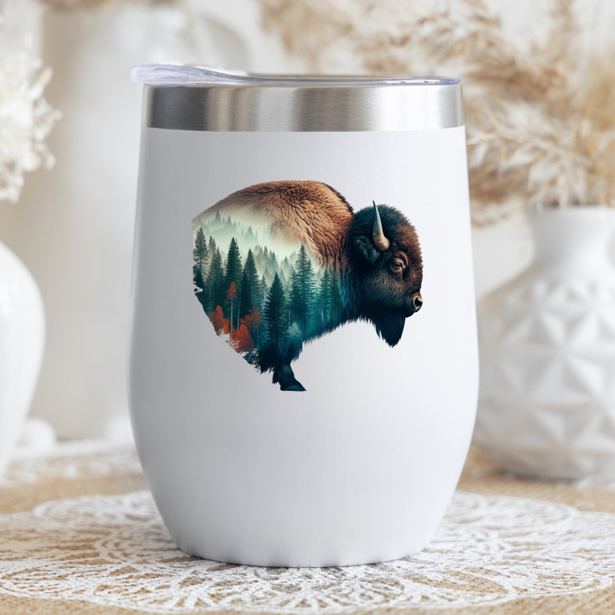 Bison Profile UV DTF sticker applied to a white stemless tumbler with a lid