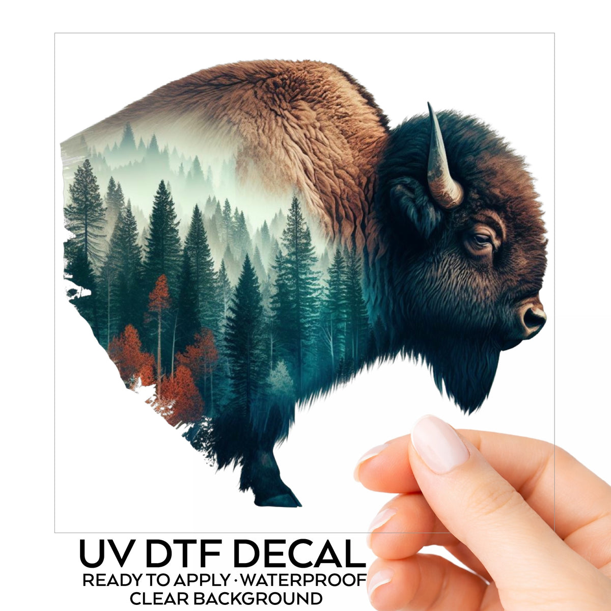 Bison Profile UV DTF sticker on its backing card, held in hand