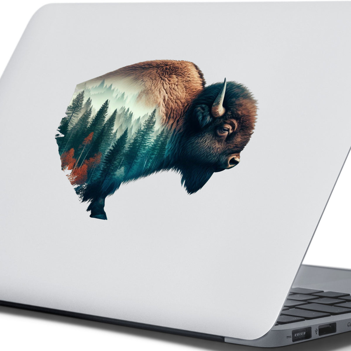 Bison Profile UV DTF sticker applied to the lid of a silver laptop