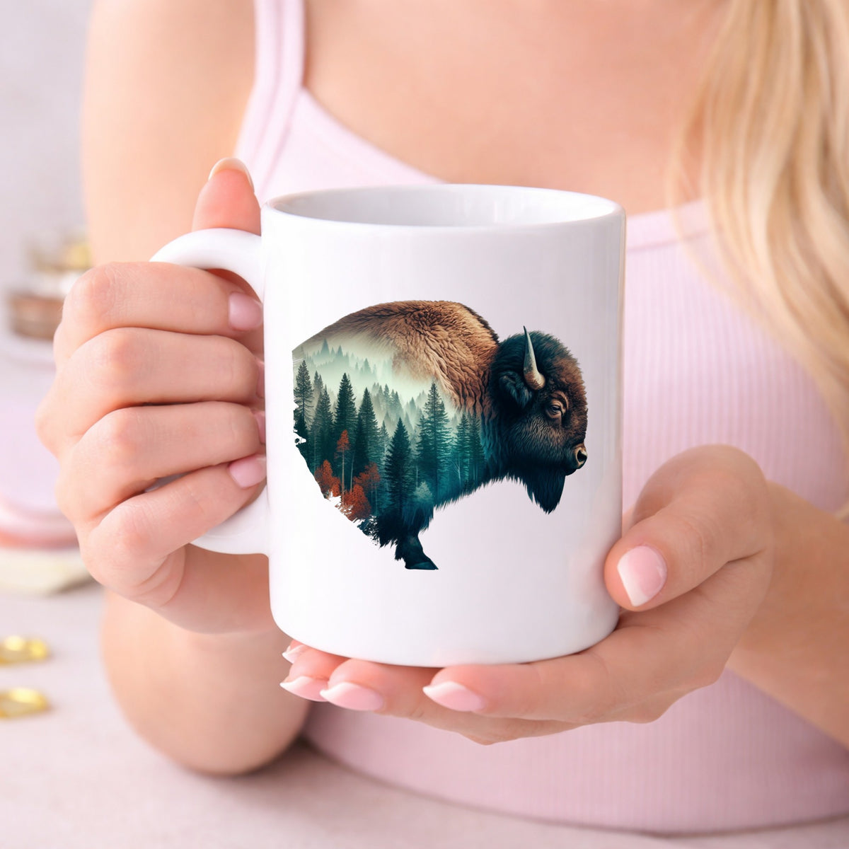 Bison Profile UV DTF sticker applied to a white coffee mug held in both hands