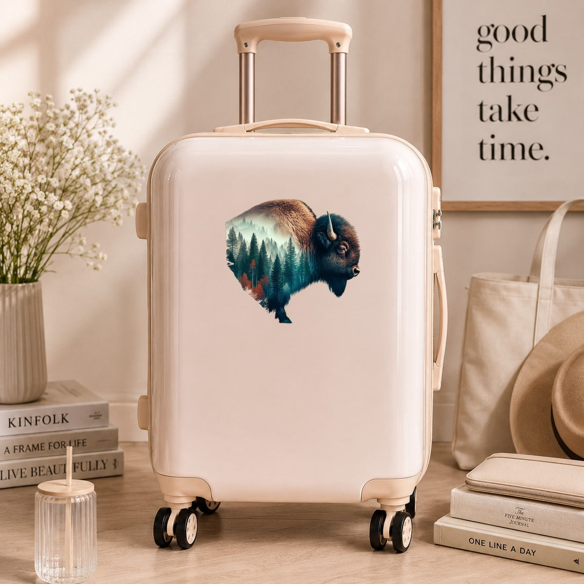 Bison Profile UV DTF sticker applied to a cream carry-on suitcase