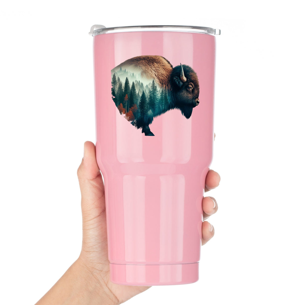 Bison Profile UV DTF sticker applied to a pink tumbler held against a white background