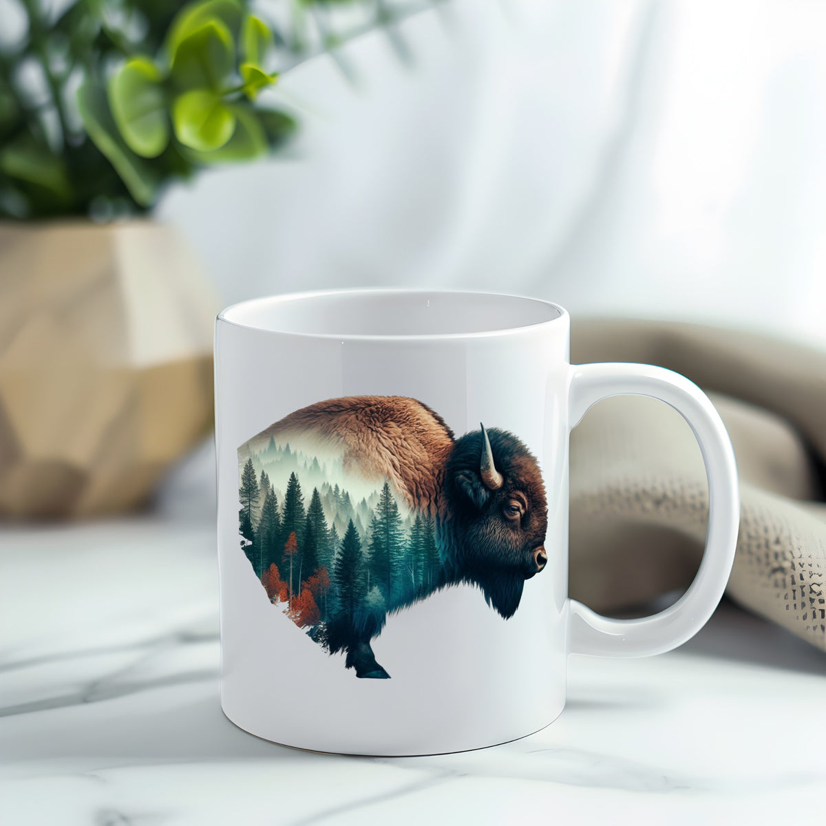 Bison Profile UV DTF sticker applied to a white coffee mug