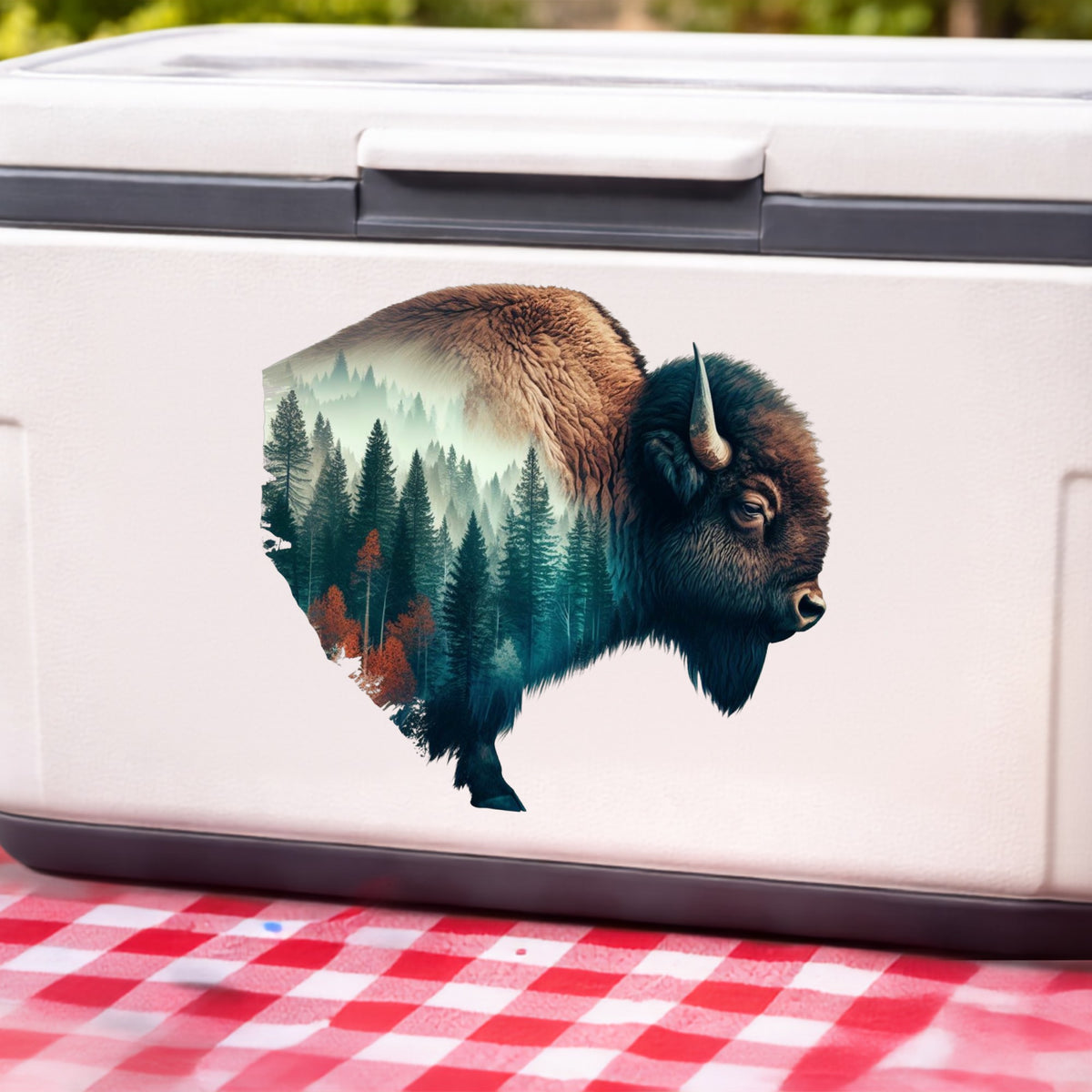 Bison Profile UV DTF sticker applied to a white cooler on a red gingham cloth
