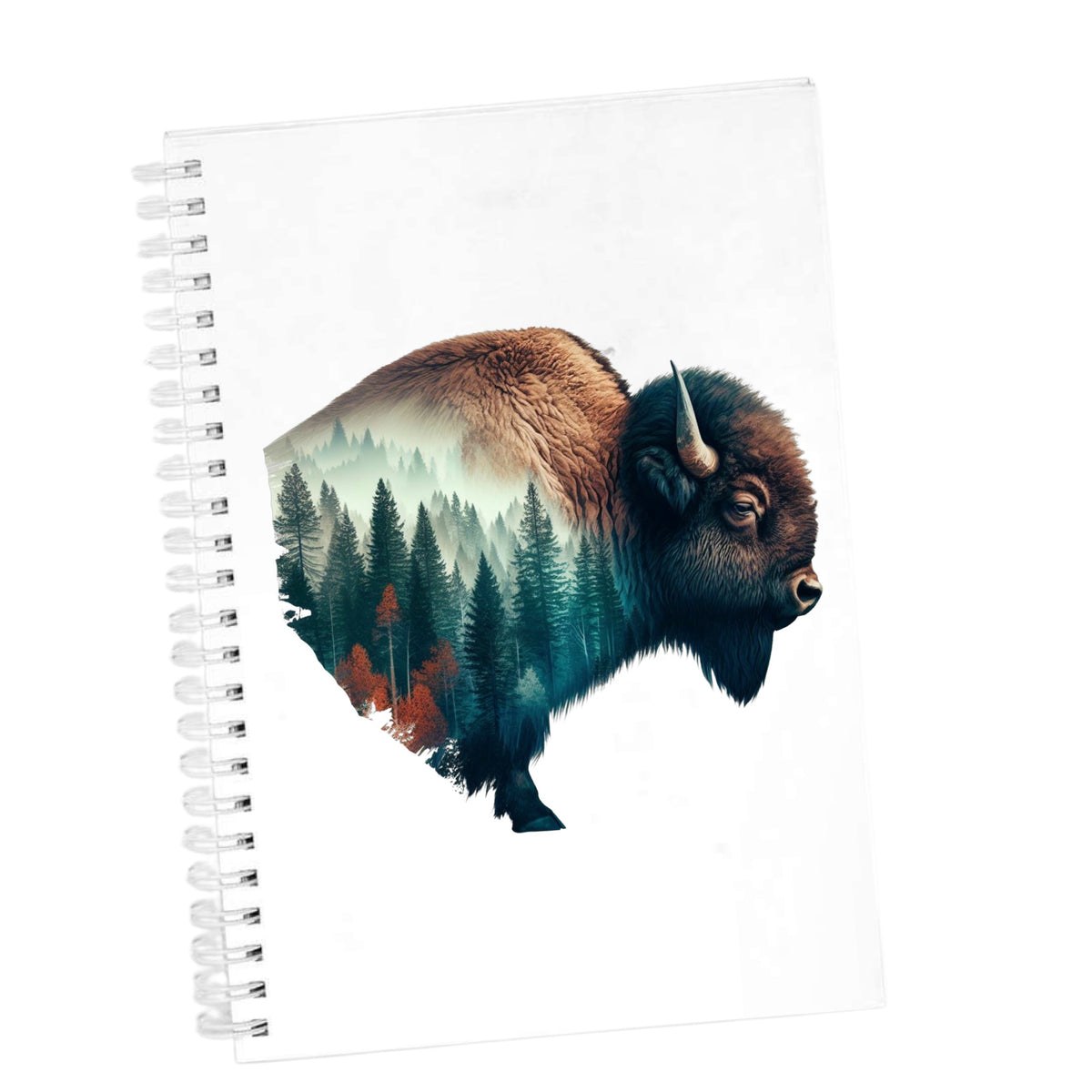 Bison Profile UV DTF sticker applied to the cover of a white spiral journal