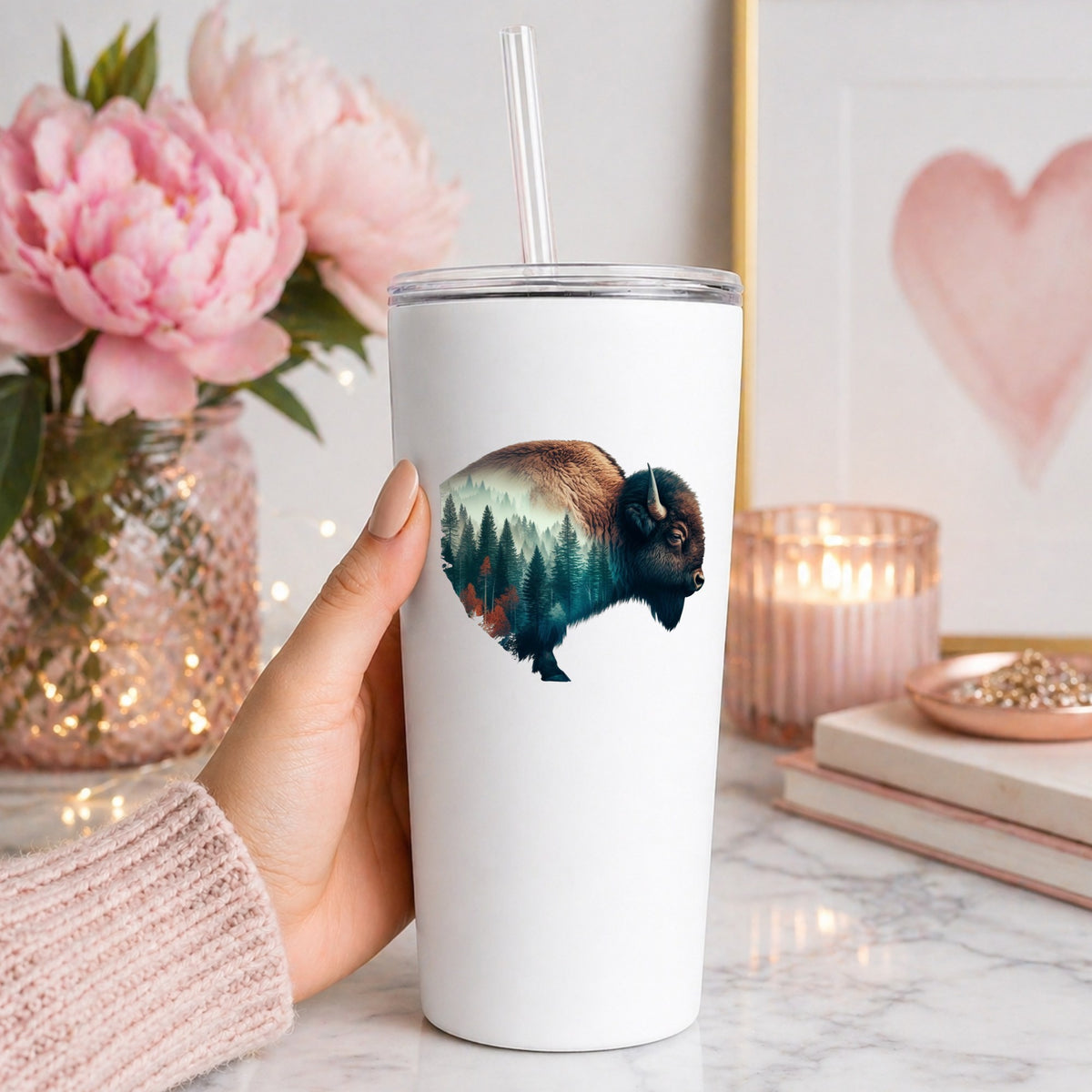 Bison Profile UV DTF sticker applied to a white straw tumbler beside pink peonies
