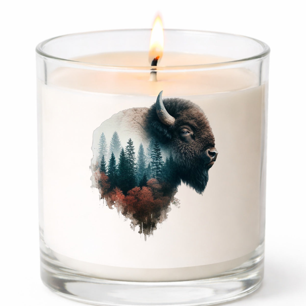 Buffalo Head UV DTF sticker applied to a white candle in a clear glass jar