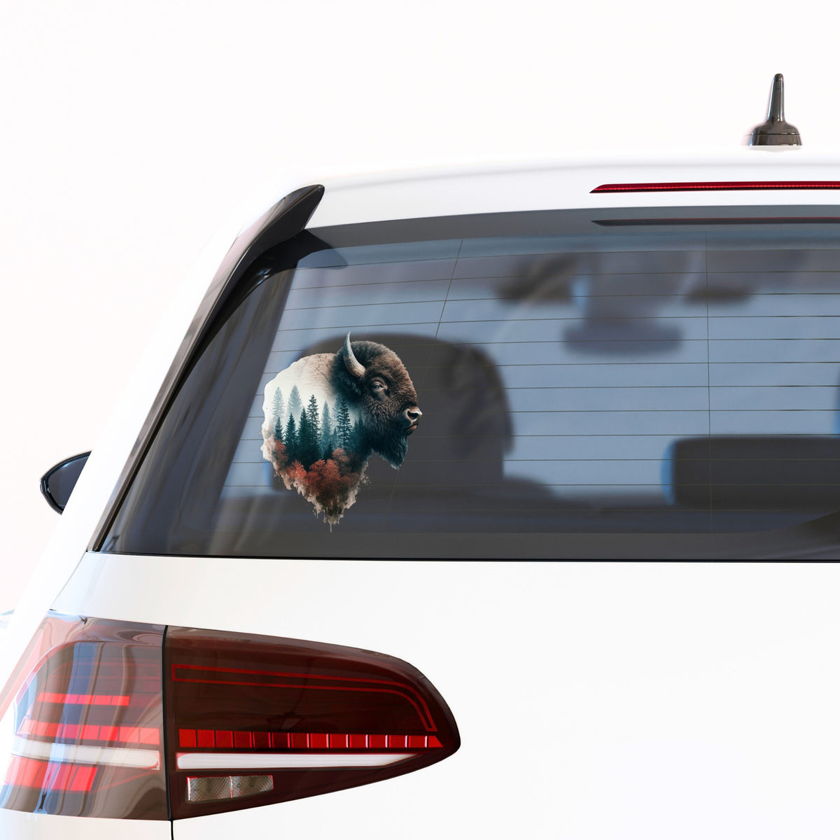 Buffalo Head UV DTF sticker applied to the rear window of a white car