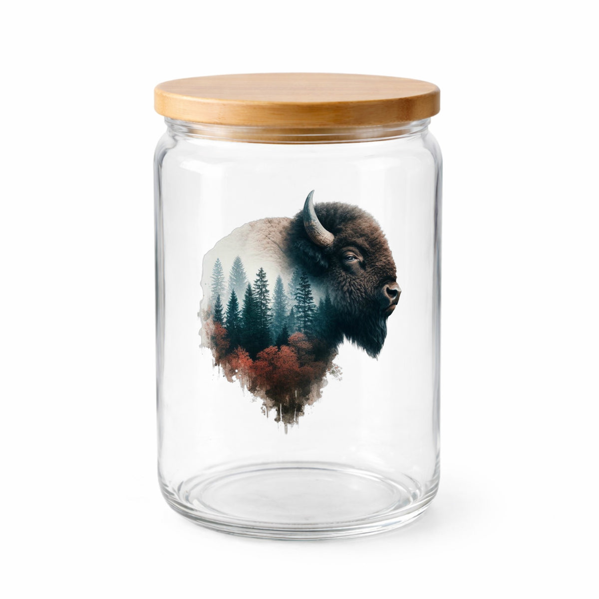 Buffalo Head UV DTF sticker applied to a clear glass jar with a wooden lid