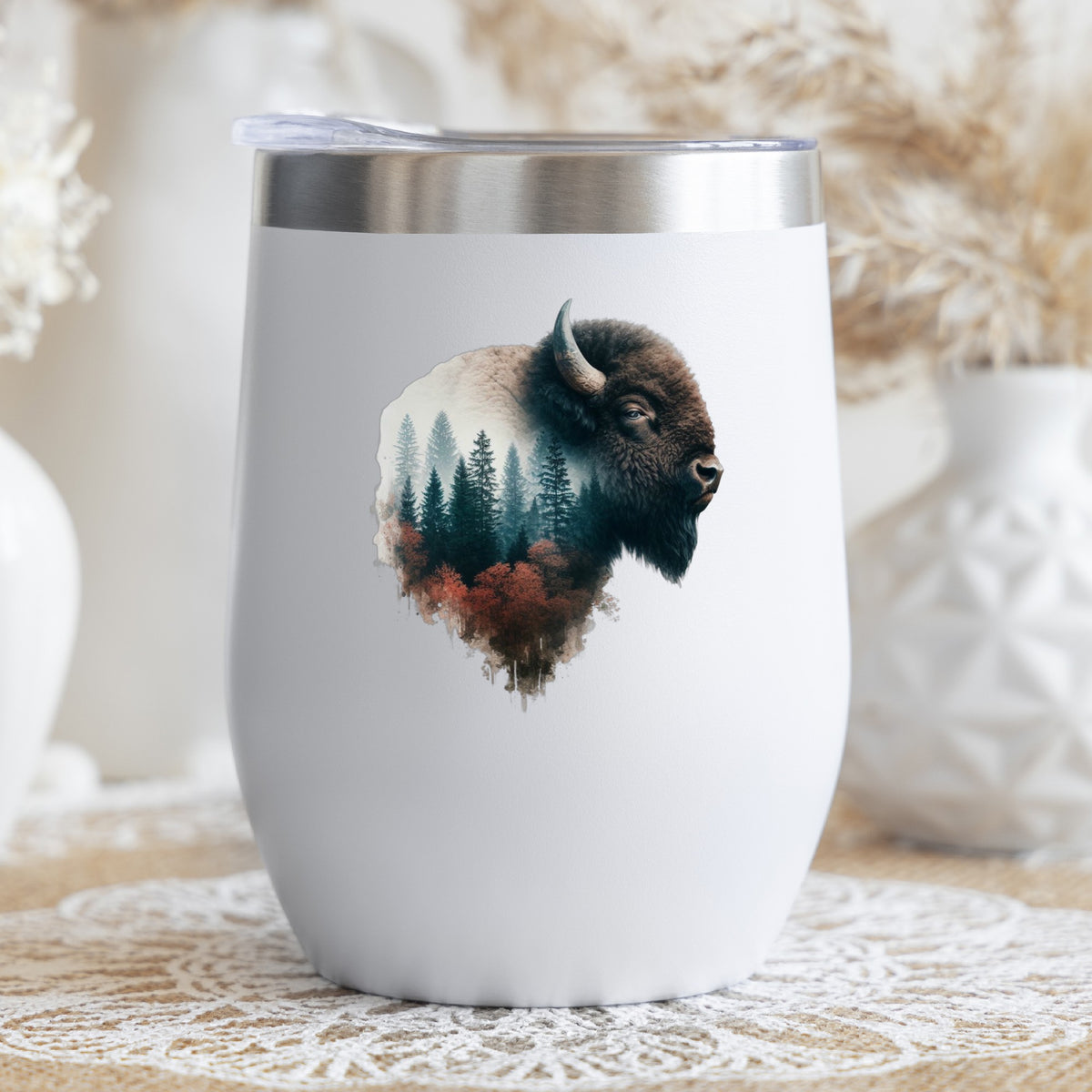 Buffalo Head UV DTF sticker applied to a white stemless tumbler with a lid