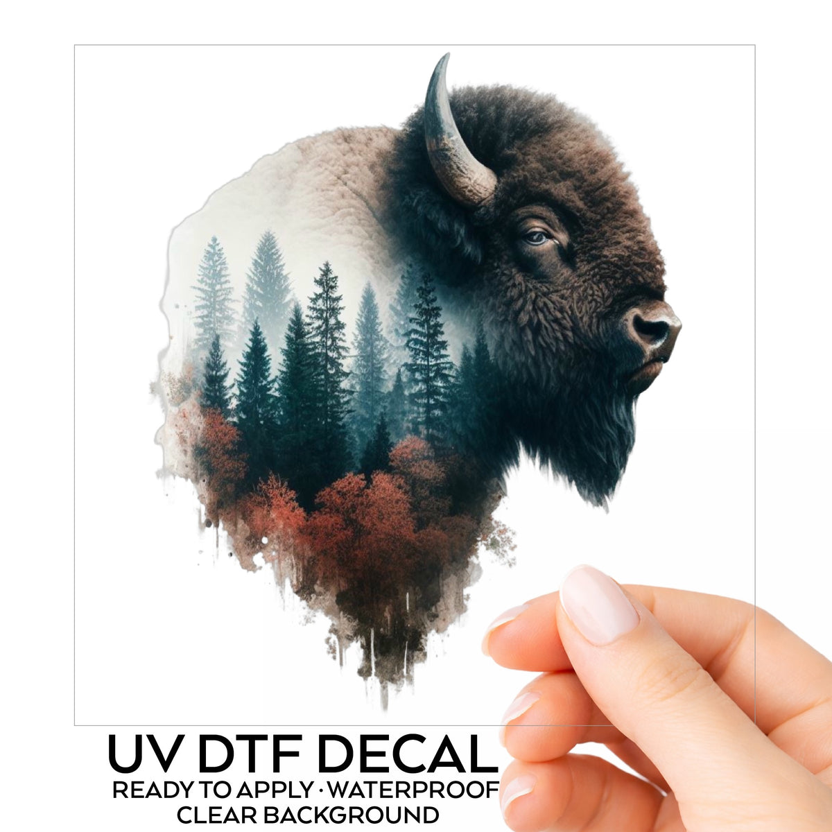 Buffalo Head UV DTF sticker on its backing card, held in hand