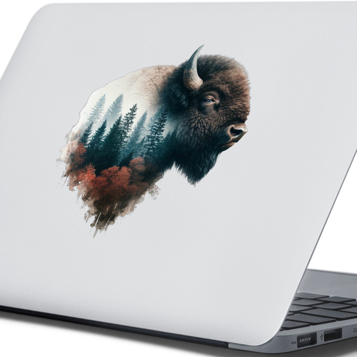 Buffalo Head UV DTF sticker applied to the lid of a silver laptop