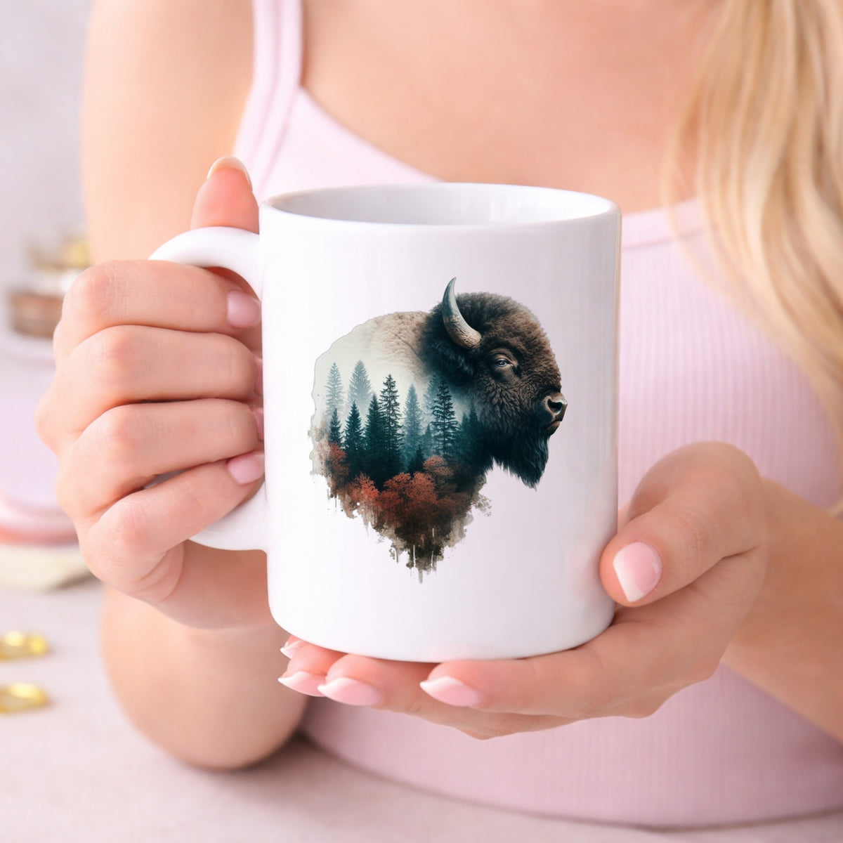 Buffalo Head UV DTF sticker applied to a white coffee mug held in both hands