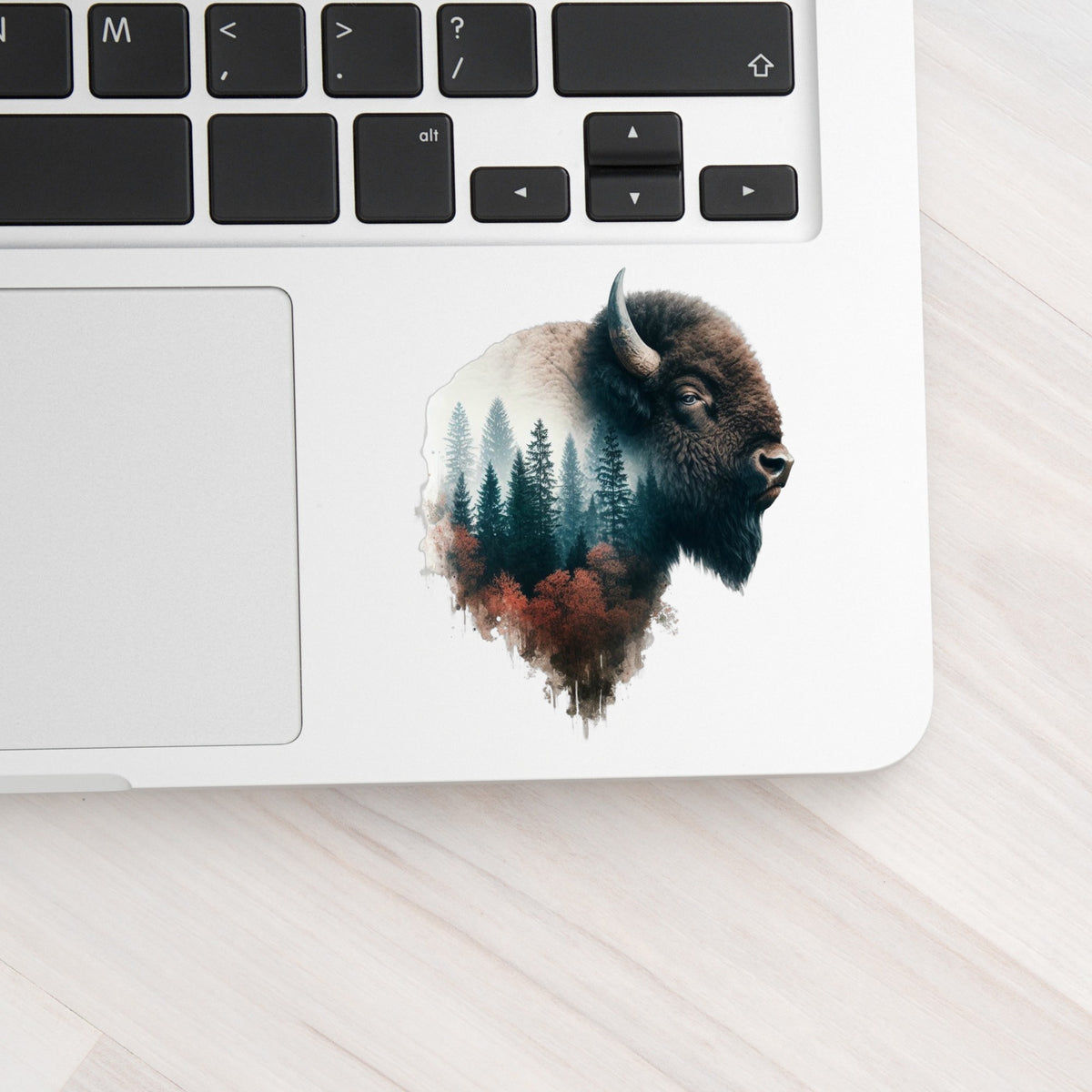 Buffalo Head UV DTF sticker applied to a silver laptop beside the keyboard
