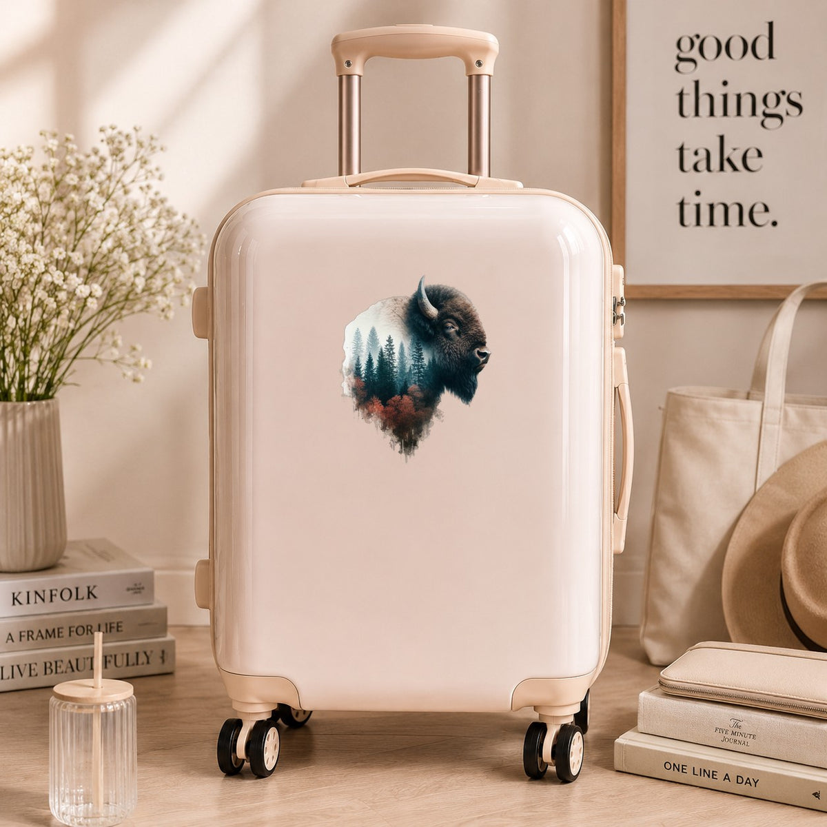 Buffalo Head UV DTF sticker applied to a cream carry-on suitcase