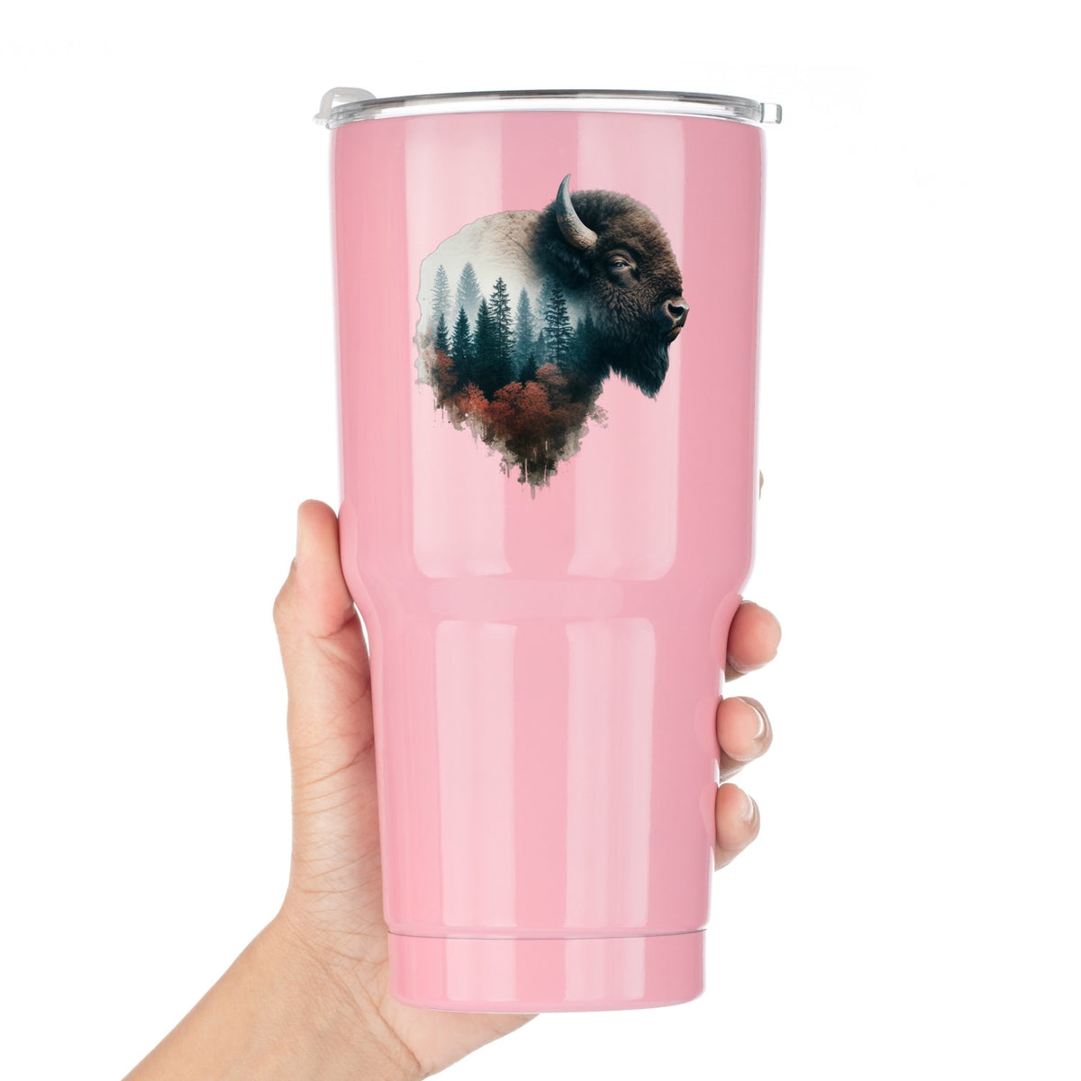Buffalo Head UV DTF sticker applied to a pink tumbler held against a white background