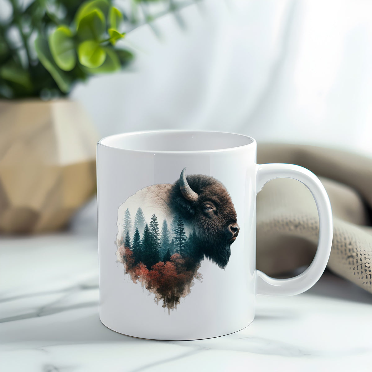 Buffalo Head UV DTF sticker applied to a white coffee mug