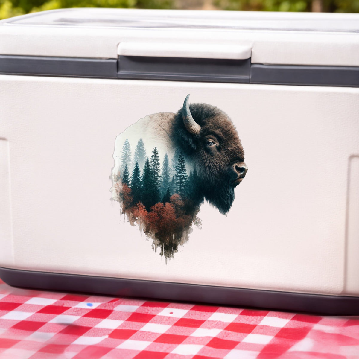 Buffalo Head UV DTF sticker applied to a white cooler on a red gingham cloth