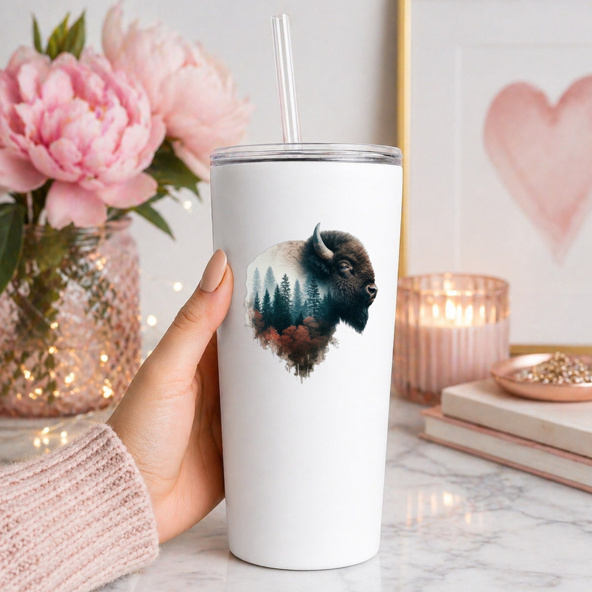 Buffalo Head UV DTF sticker applied to a white straw tumbler beside pink peonies
