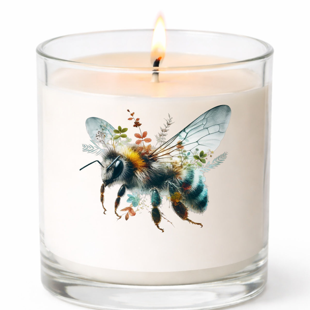 Botanical Bumblebee UV DTF sticker applied to a white candle in a clear glass jar