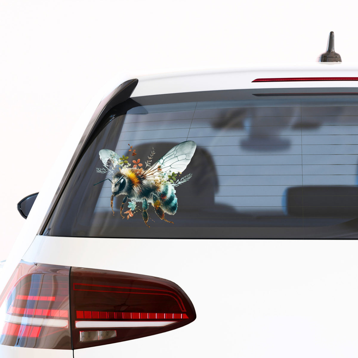 Botanical Bumblebee UV DTF sticker applied to the rear window of a white car