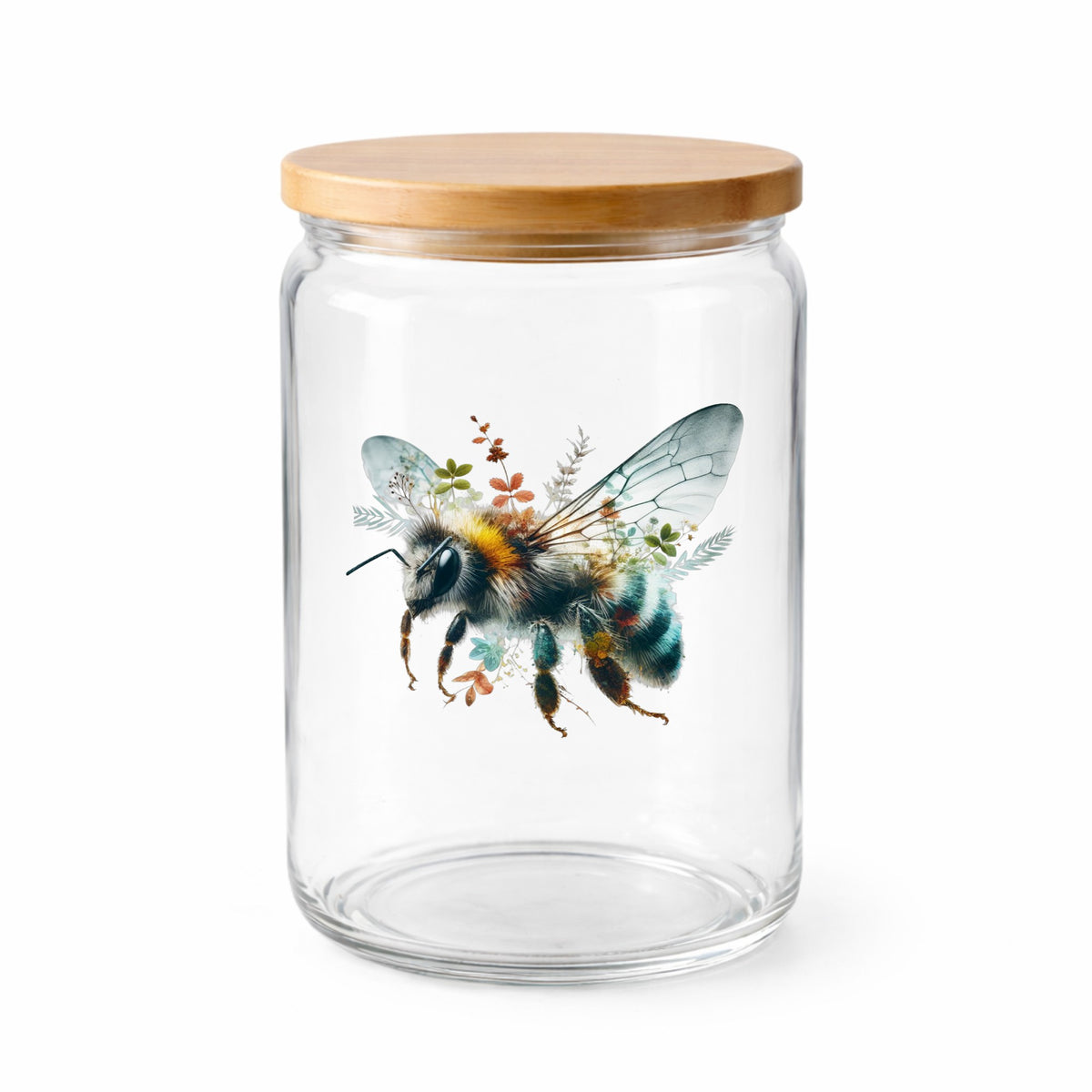 Botanical Bumblebee UV DTF sticker applied to a clear glass jar with a wooden lid