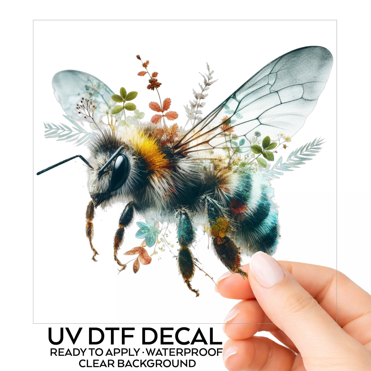 Botanical Bumblebee UV DTF sticker on its backing card, held in hand