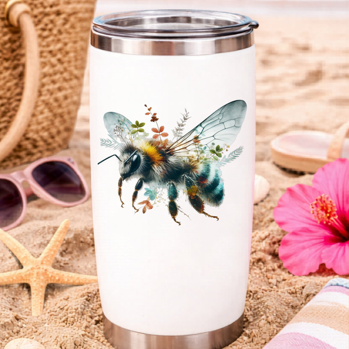Botanical Bumblebee UV DTF sticker applied to a white travel tumbler on beach sand