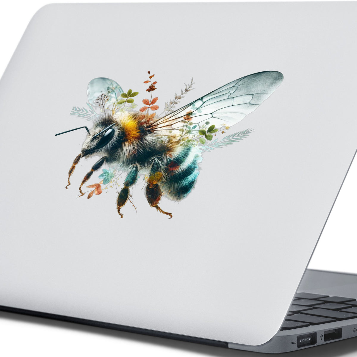 Botanical Bumblebee UV DTF sticker applied to the lid of a silver laptop