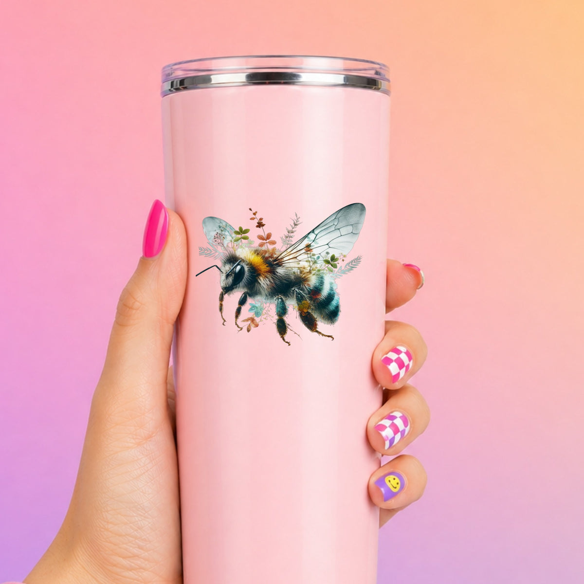 Botanical Bumblebee UV DTF sticker applied to a tall pink tumbler on a pink and orange background