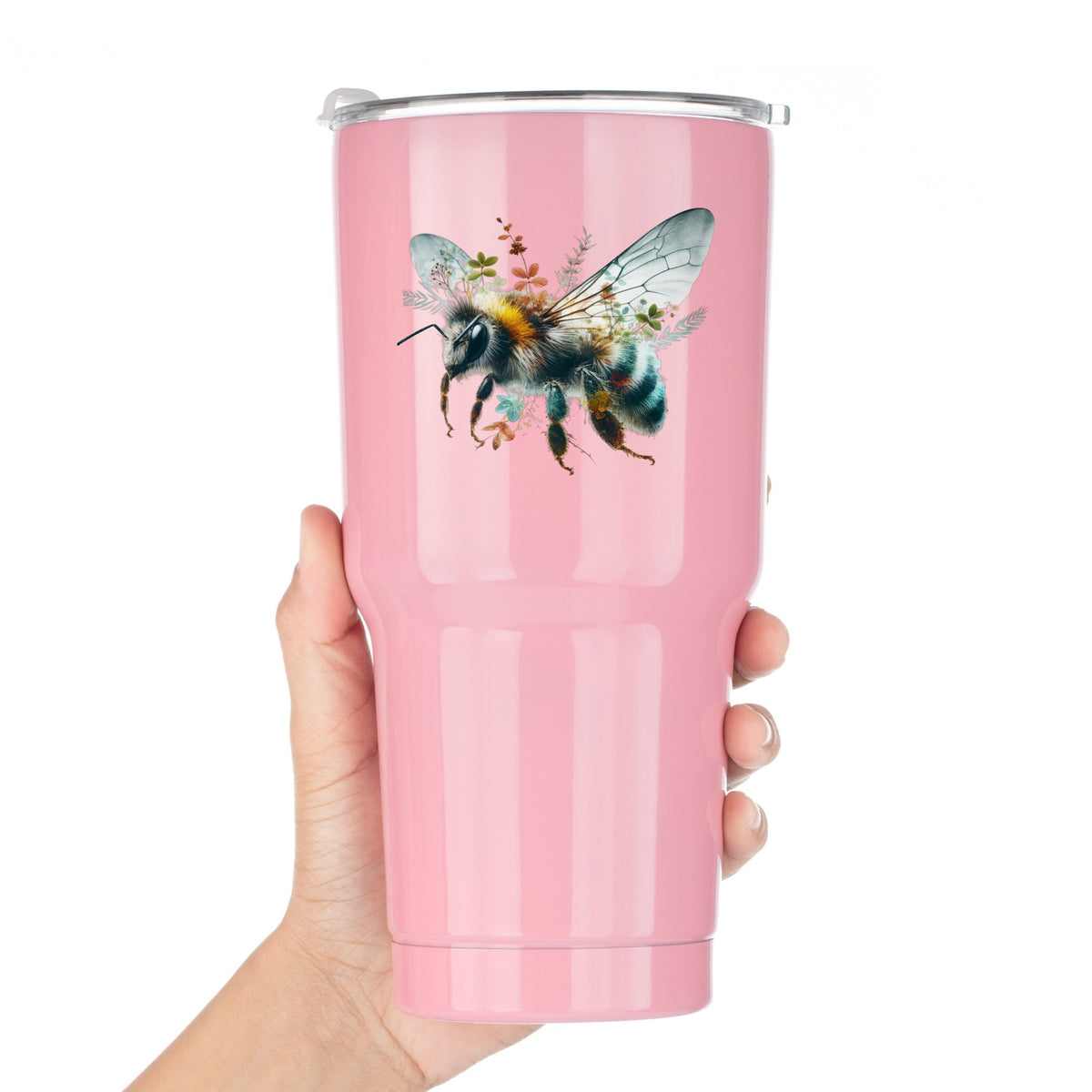 Botanical Bumblebee UV DTF sticker applied to a pink tumbler held against a white background