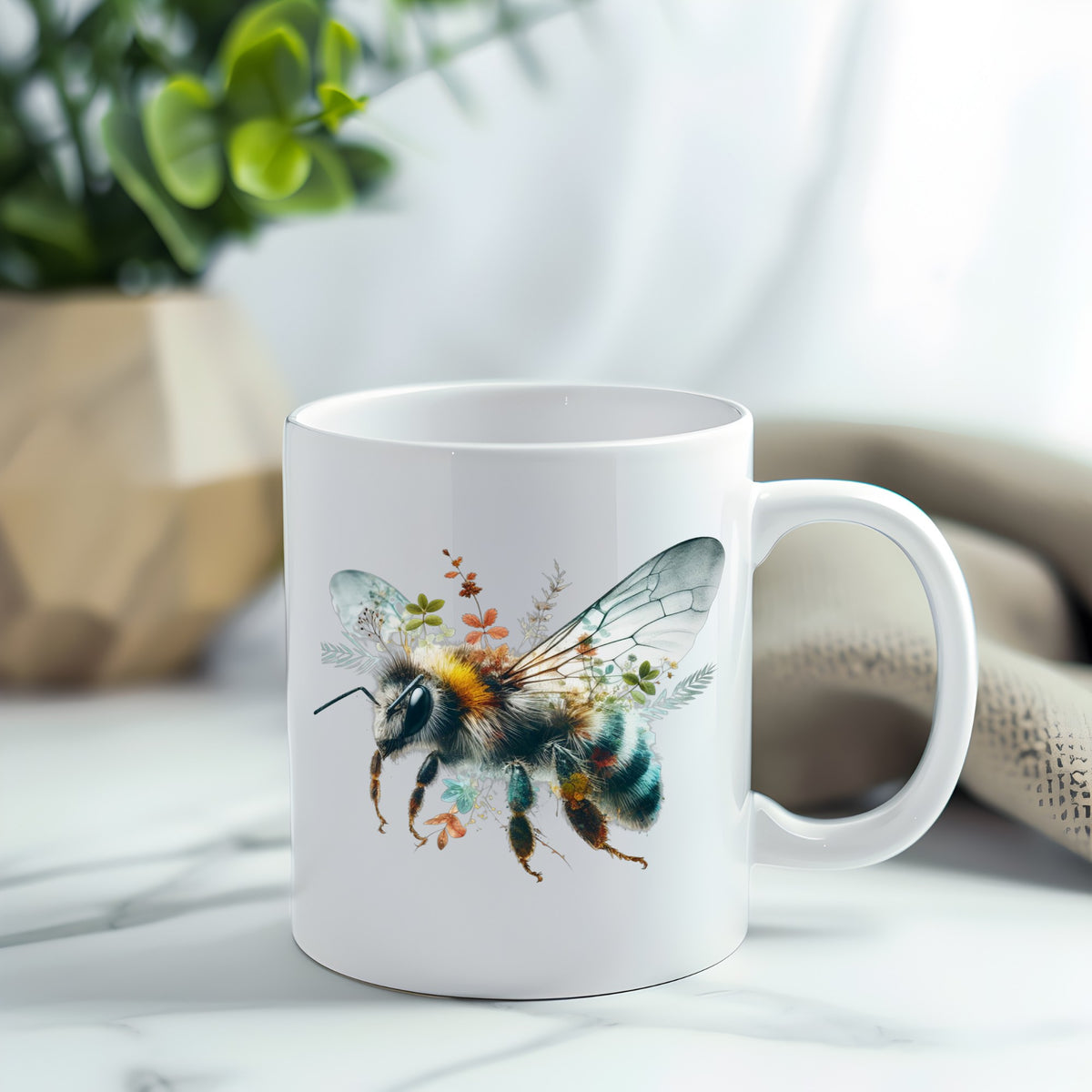 Botanical Bumblebee UV DTF sticker applied to a white coffee mug