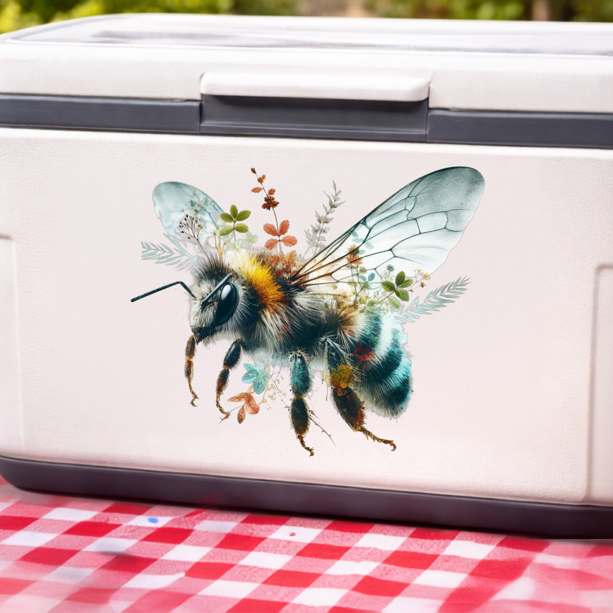 Botanical Bumblebee UV DTF sticker applied to a white cooler on a red gingham cloth