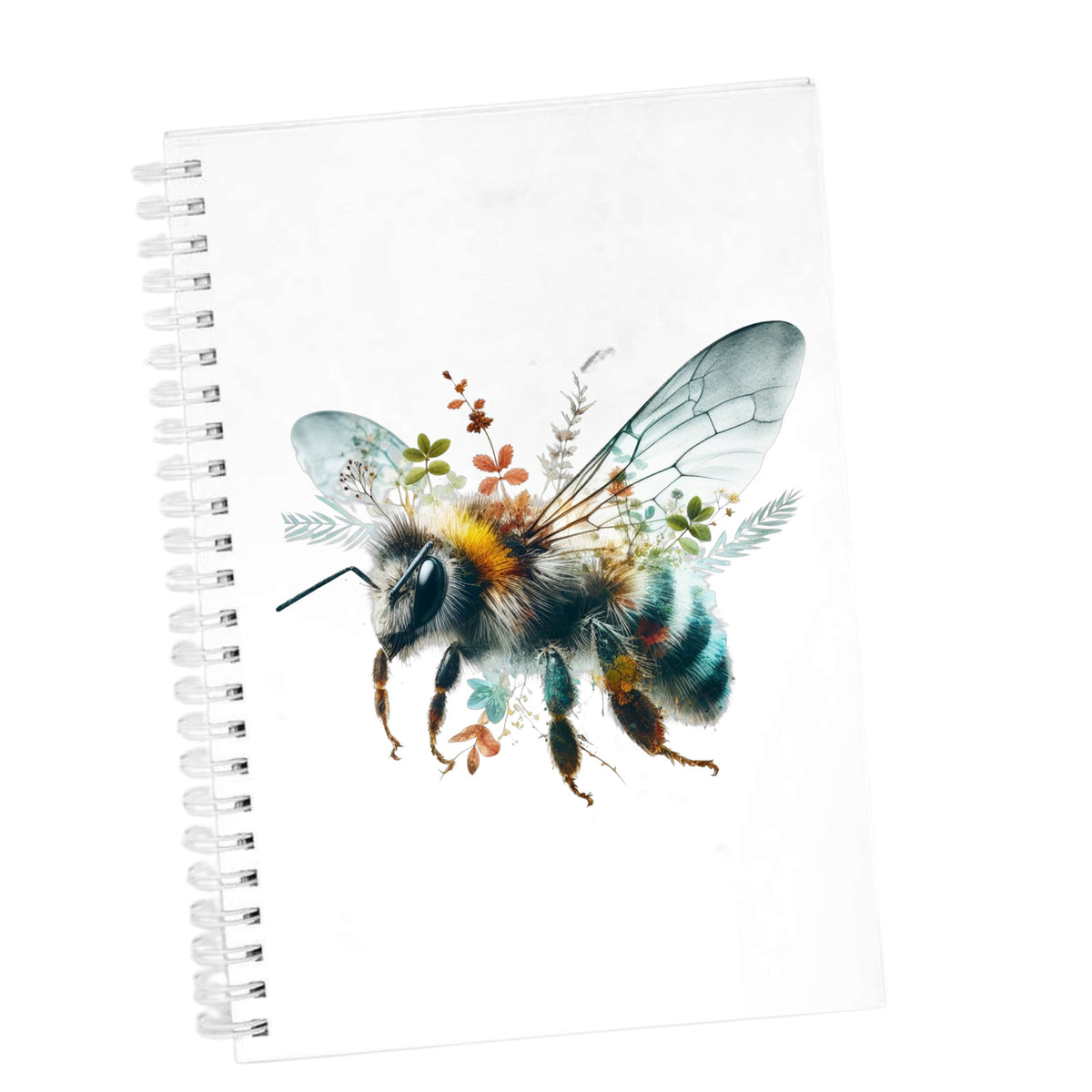 Botanical Bumblebee UV DTF sticker applied to the cover of a white spiral journal