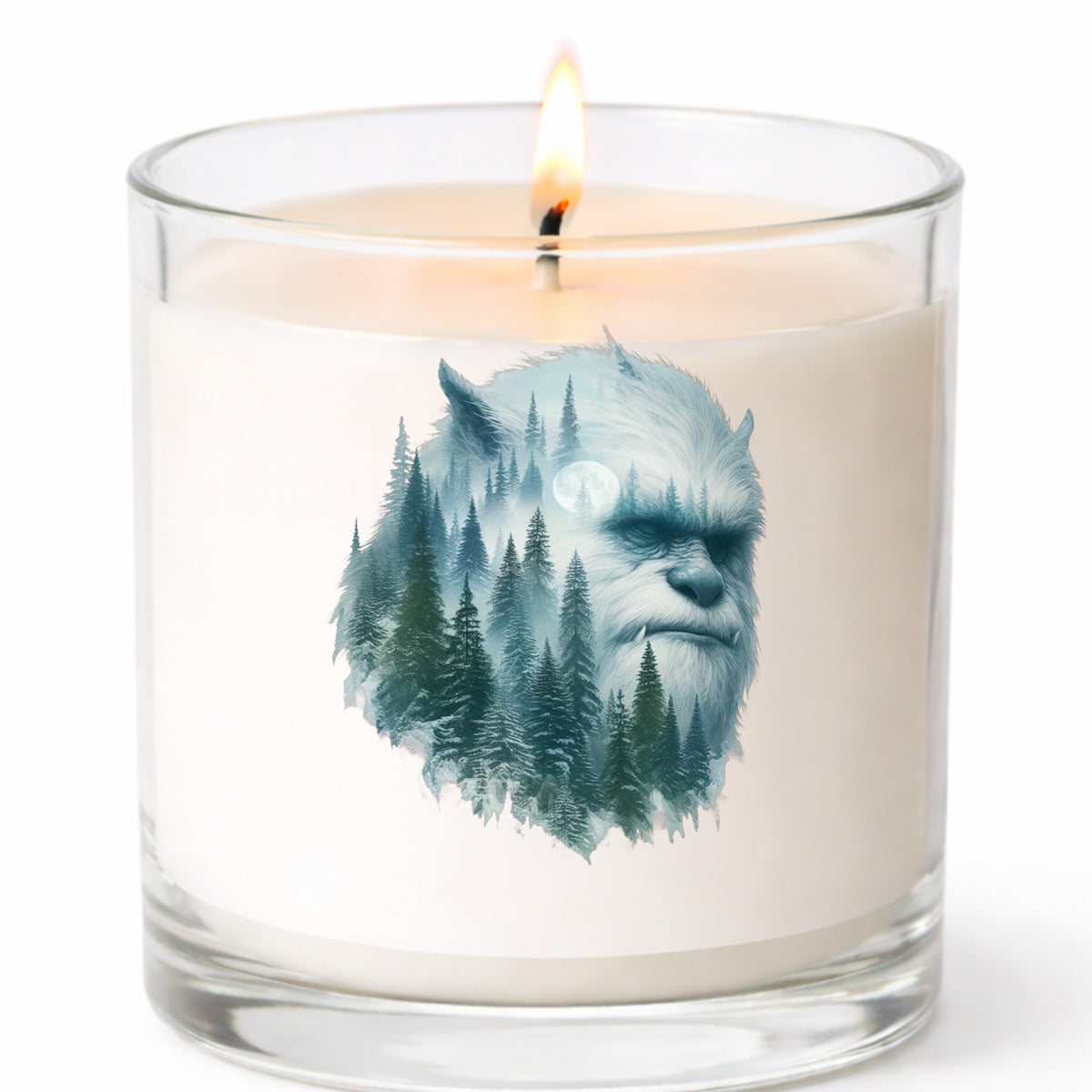 Full Moon Sasquatch UV DTF sticker applied to a white candle in a clear glass jar