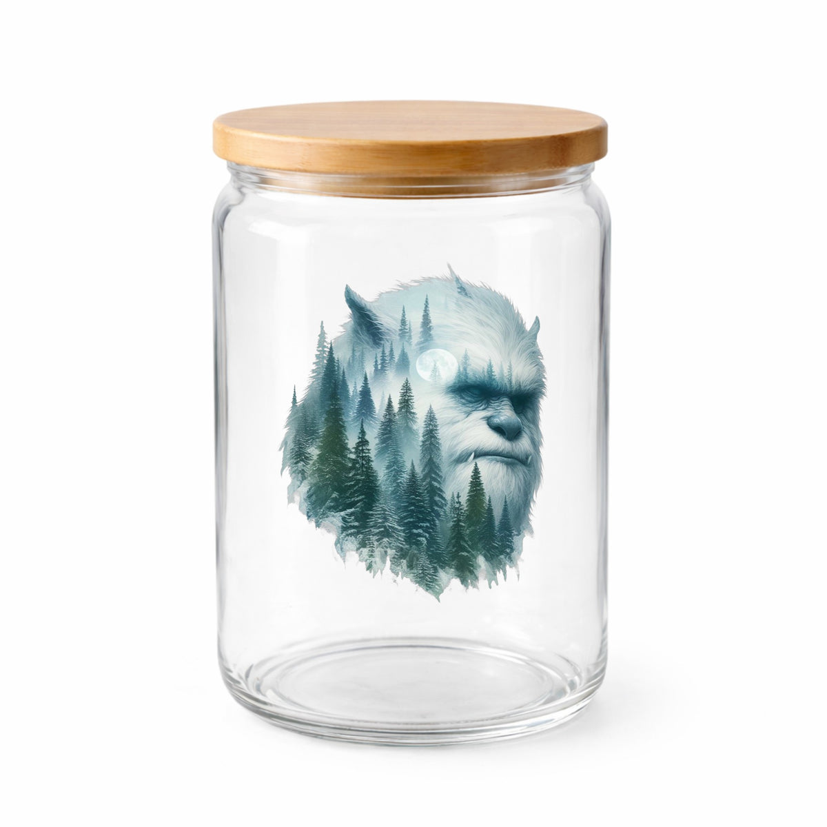 Full Moon Sasquatch UV DTF sticker applied to a clear glass jar with a wooden lid