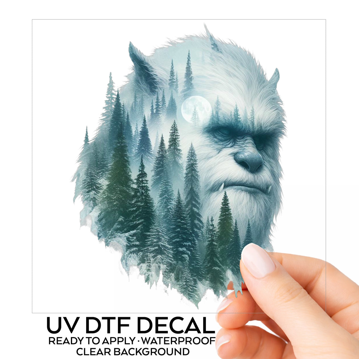 Full Moon Sasquatch UV DTF sticker on its backing card, held in hand