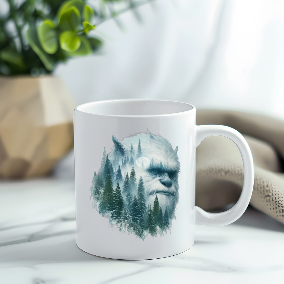 Full Moon Sasquatch UV DTF sticker applied to a white coffee mug