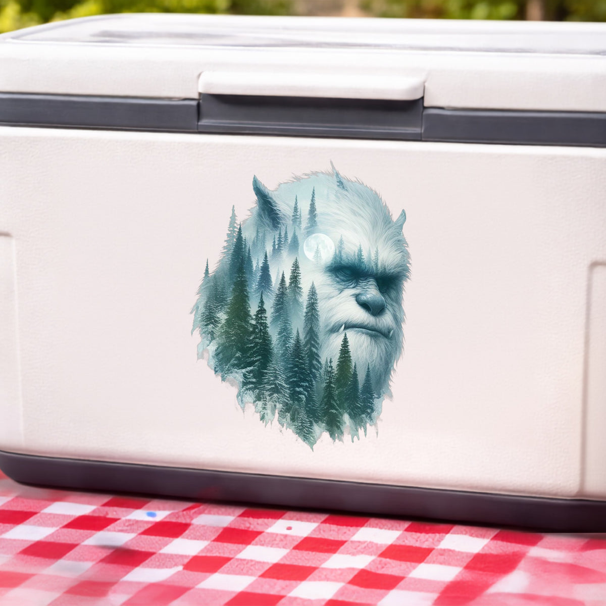 Full Moon Sasquatch UV DTF sticker applied to a white cooler on a red gingham cloth