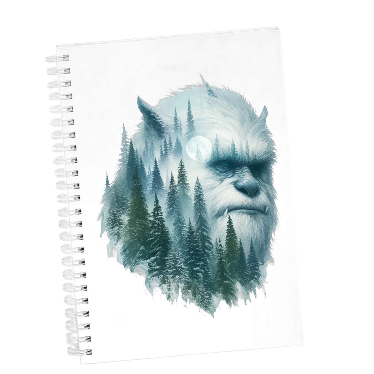 Full Moon Sasquatch UV DTF sticker applied to the cover of a white spiral journal