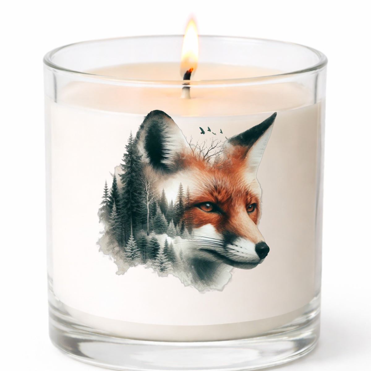 Pine Forest Fox UV DTF sticker applied to a white candle in a clear glass jar