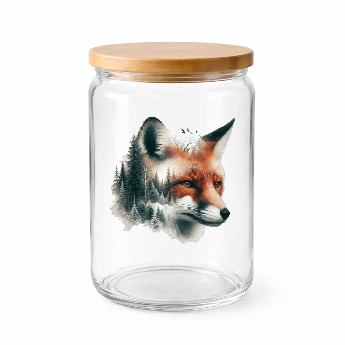 Pine Forest Fox UV DTF sticker applied to a clear glass jar with a wooden lid