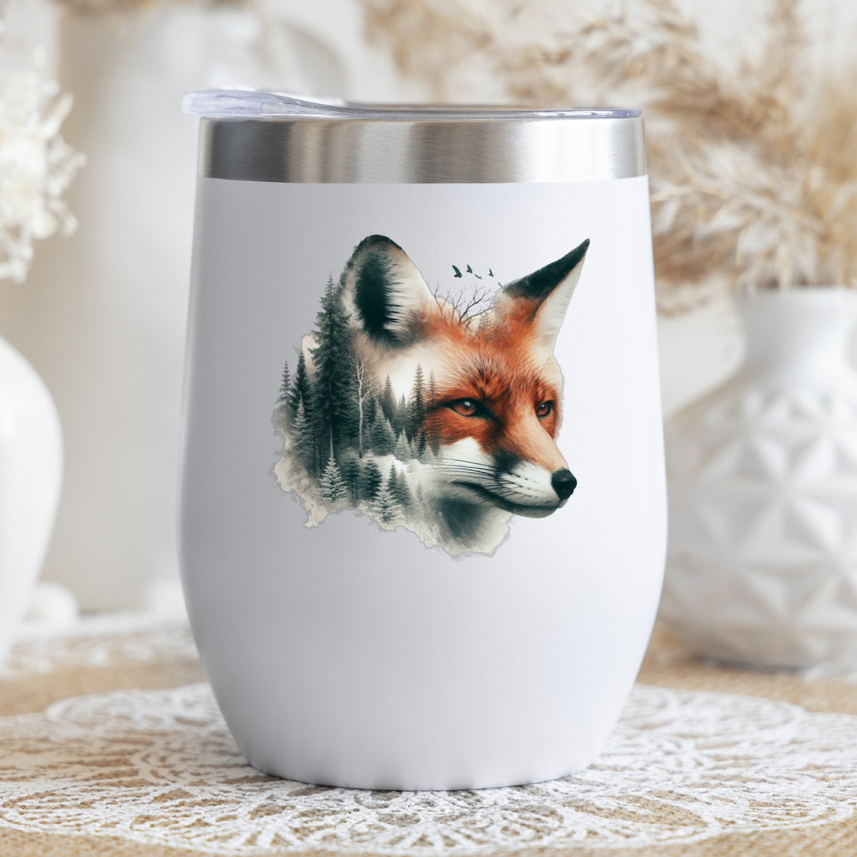 Pine Forest Fox UV DTF sticker applied to a white stemless tumbler with a lid