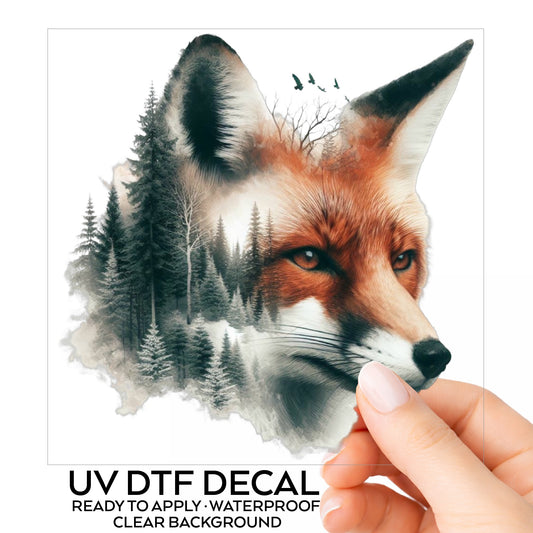 Pine Forest Fox UV DTF sticker on its backing card, held in hand