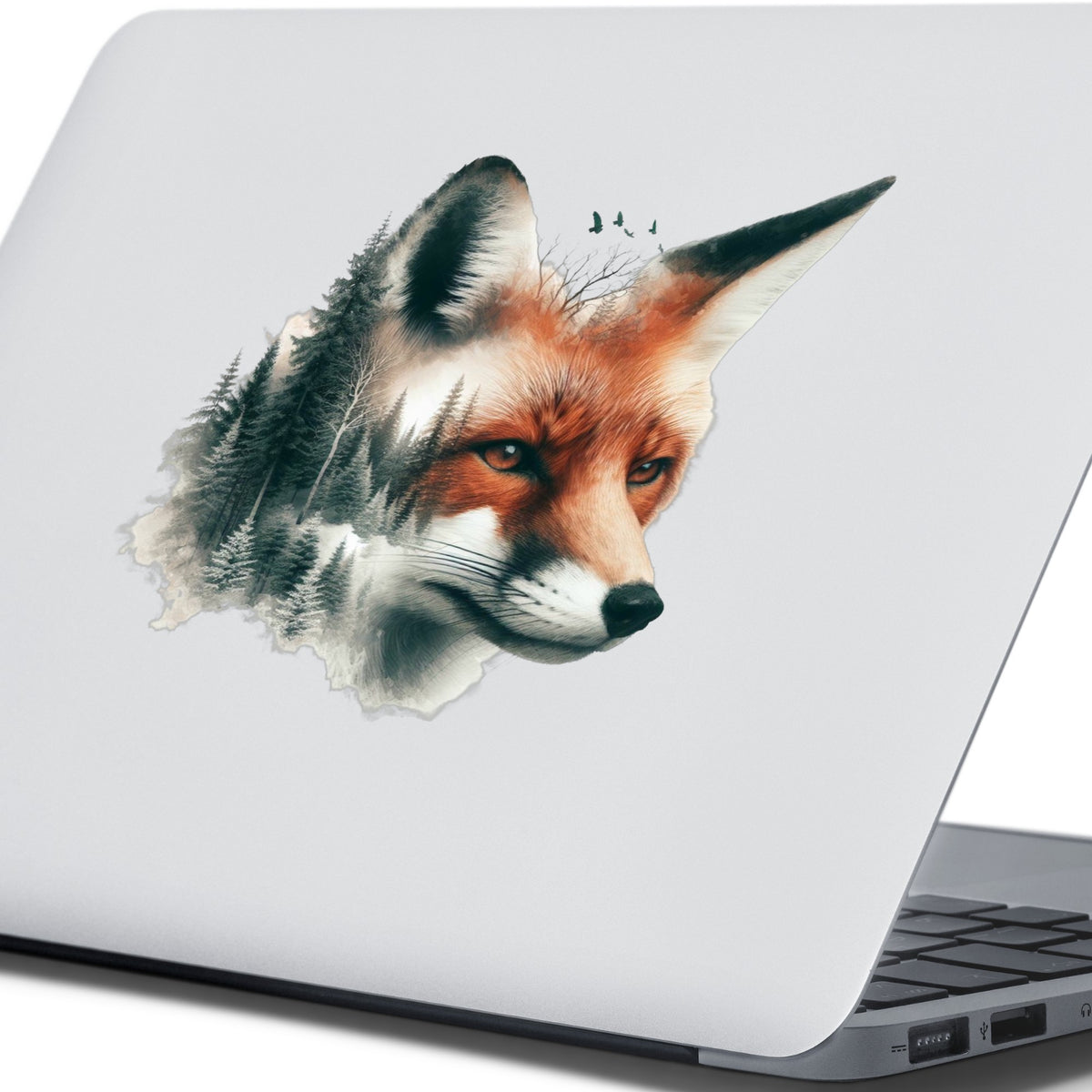 Pine Forest Fox UV DTF sticker applied to the lid of a silver laptop