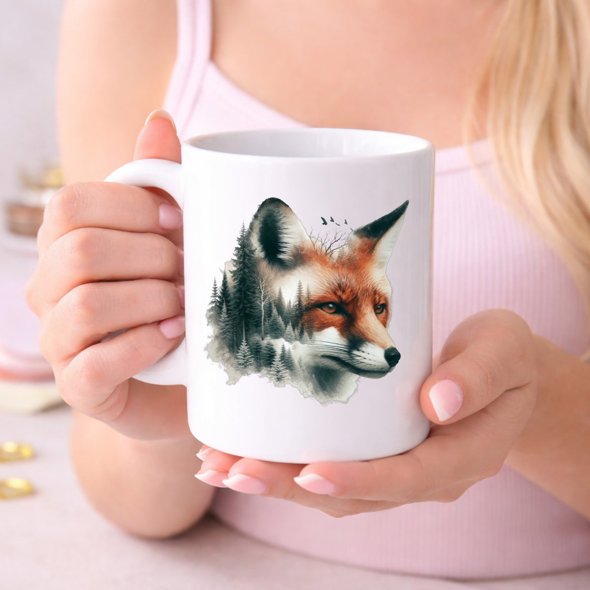 Pine Forest Fox UV DTF sticker applied to a white coffee mug held in both hands