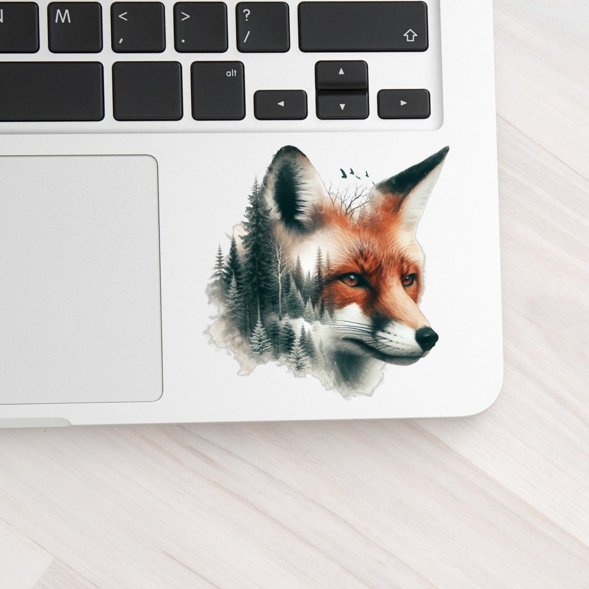 Pine Forest Fox UV DTF sticker applied to a silver laptop beside the keyboard
