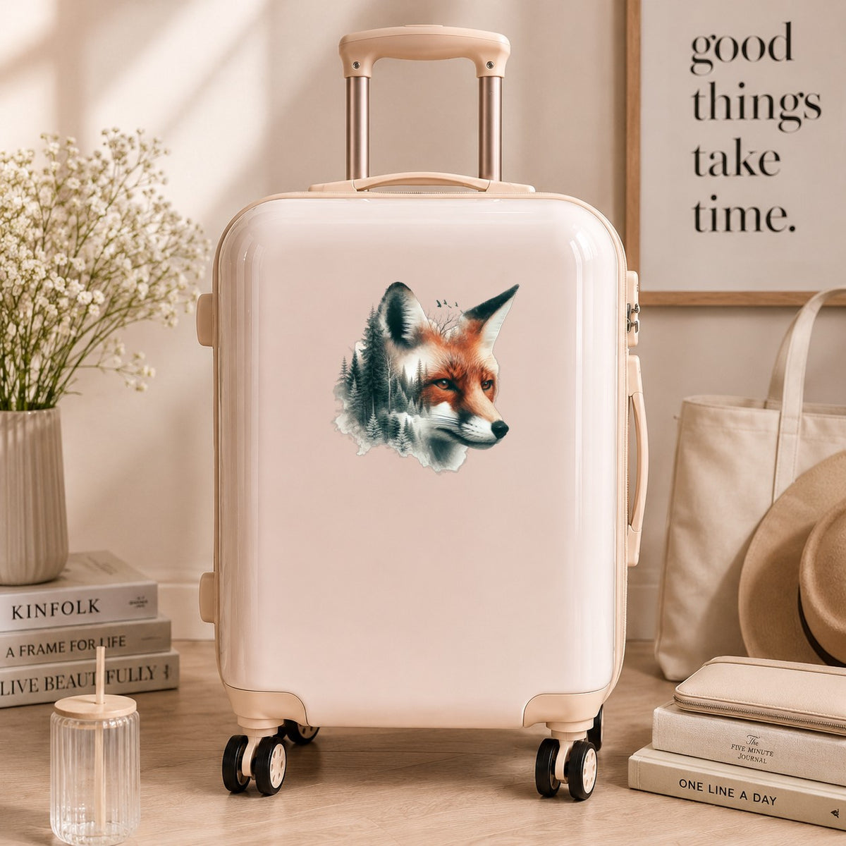 Pine Forest Fox UV DTF sticker applied to a cream carry-on suitcase