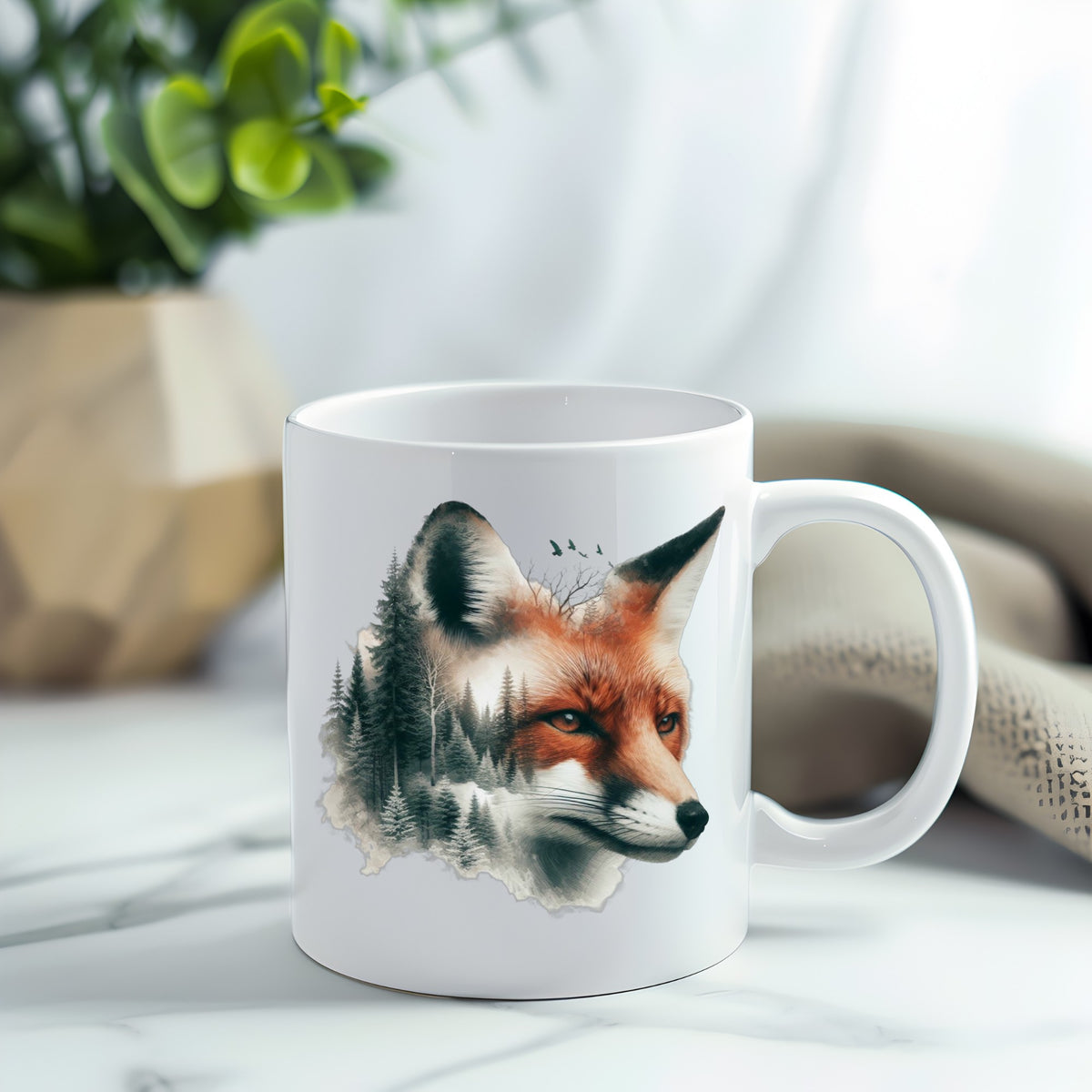 Pine Forest Fox UV DTF sticker applied to a white coffee mug