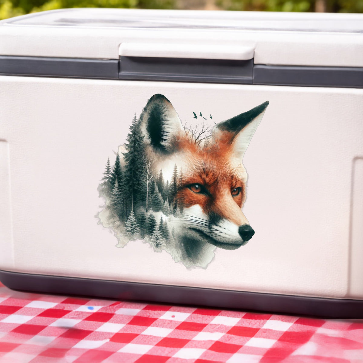 Pine Forest Fox UV DTF sticker applied to a white cooler on a red gingham cloth